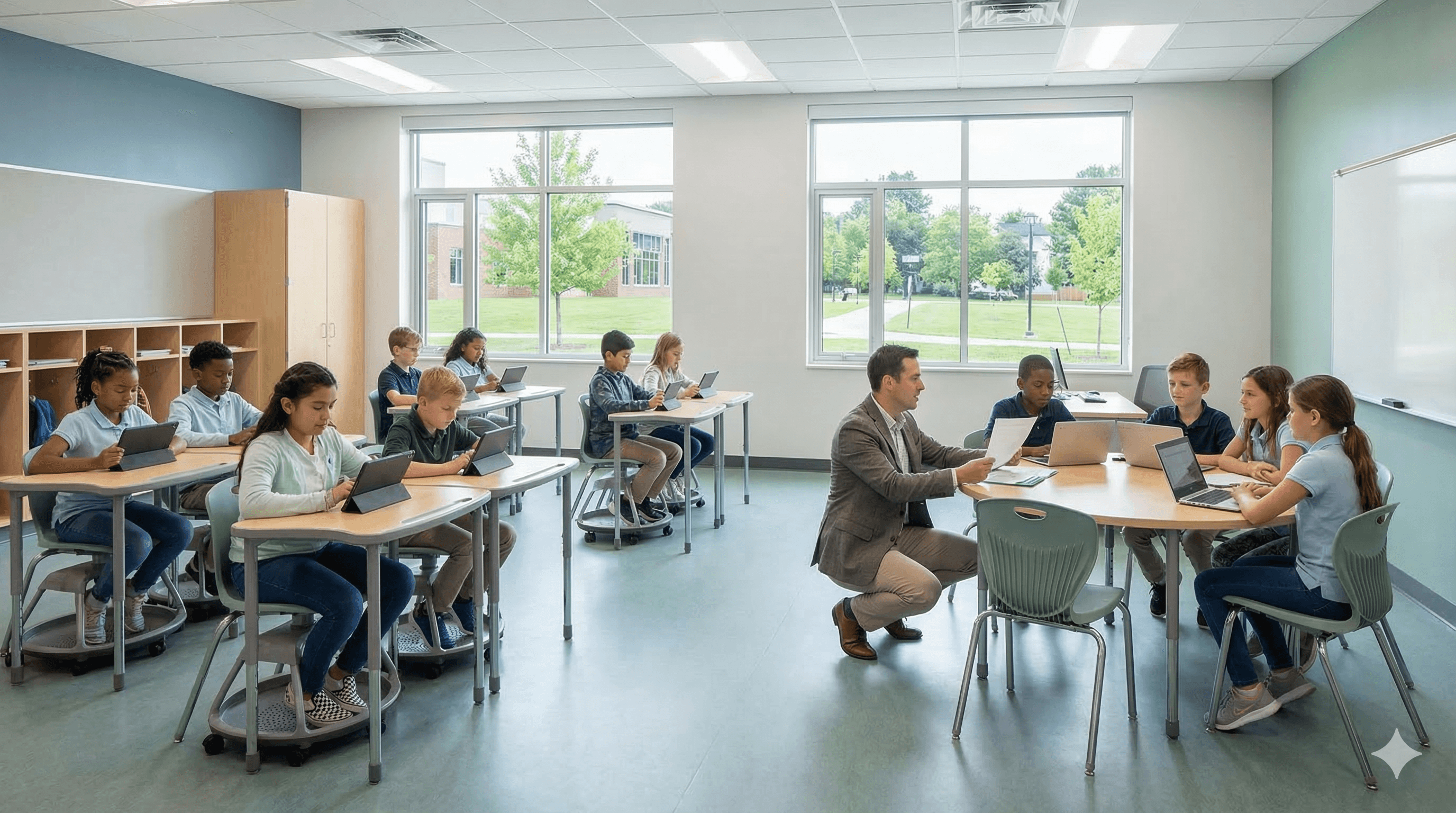 Modernes Klassenzimmer mit Tablets und Lehrer