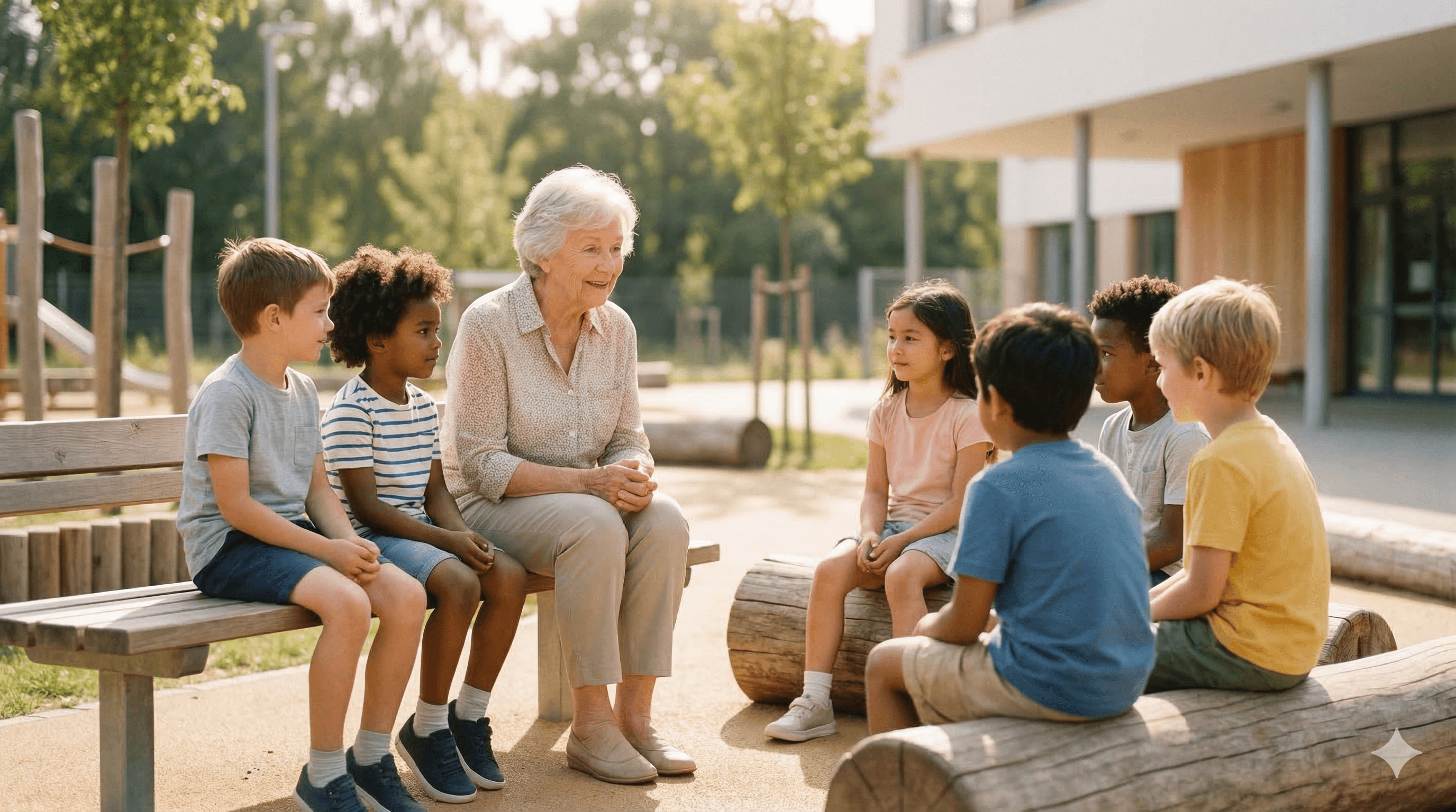Austausch zwischen Generationen auf dem Schulhof